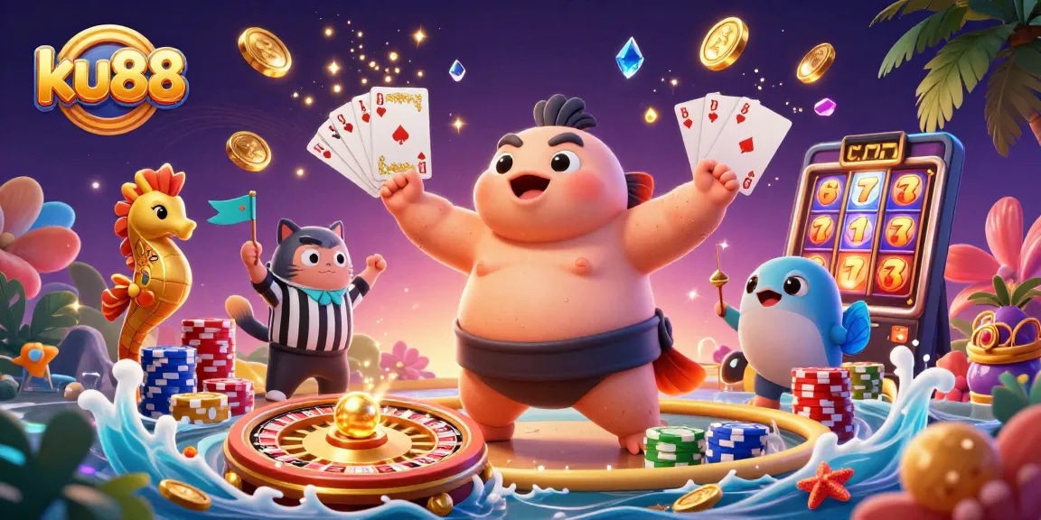 ku88 showcases a dynamic 3D illustration featuring a fugu sumo wrestling in an underwater casino.