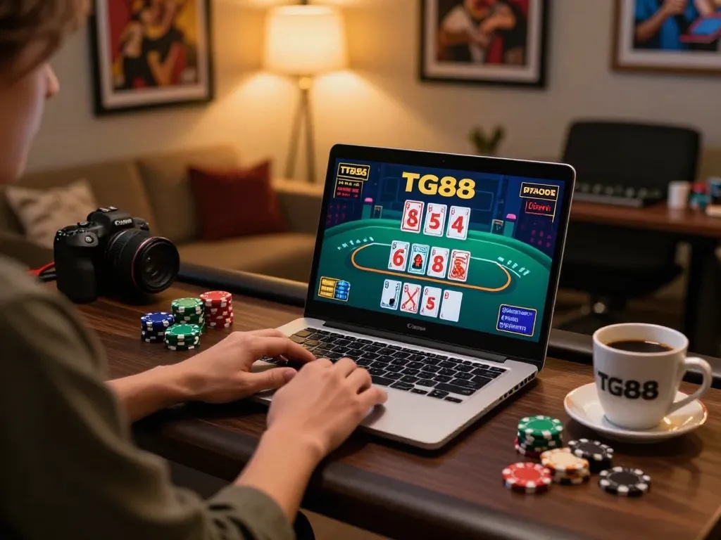 Engaging in TG88's live dealer games at home with a modern setup featuring a laptop and poker chips.