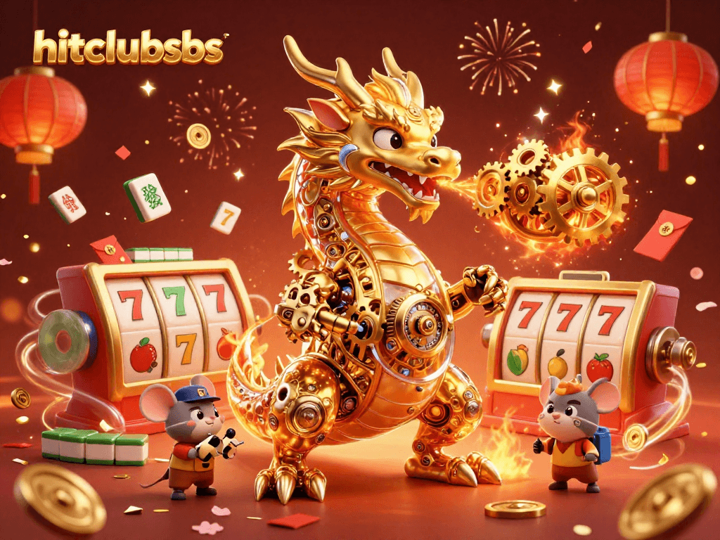 Engage with hitclubsbs by exploring an electrifying scene of a mechanical dragon amid slot reels and festive decorations.