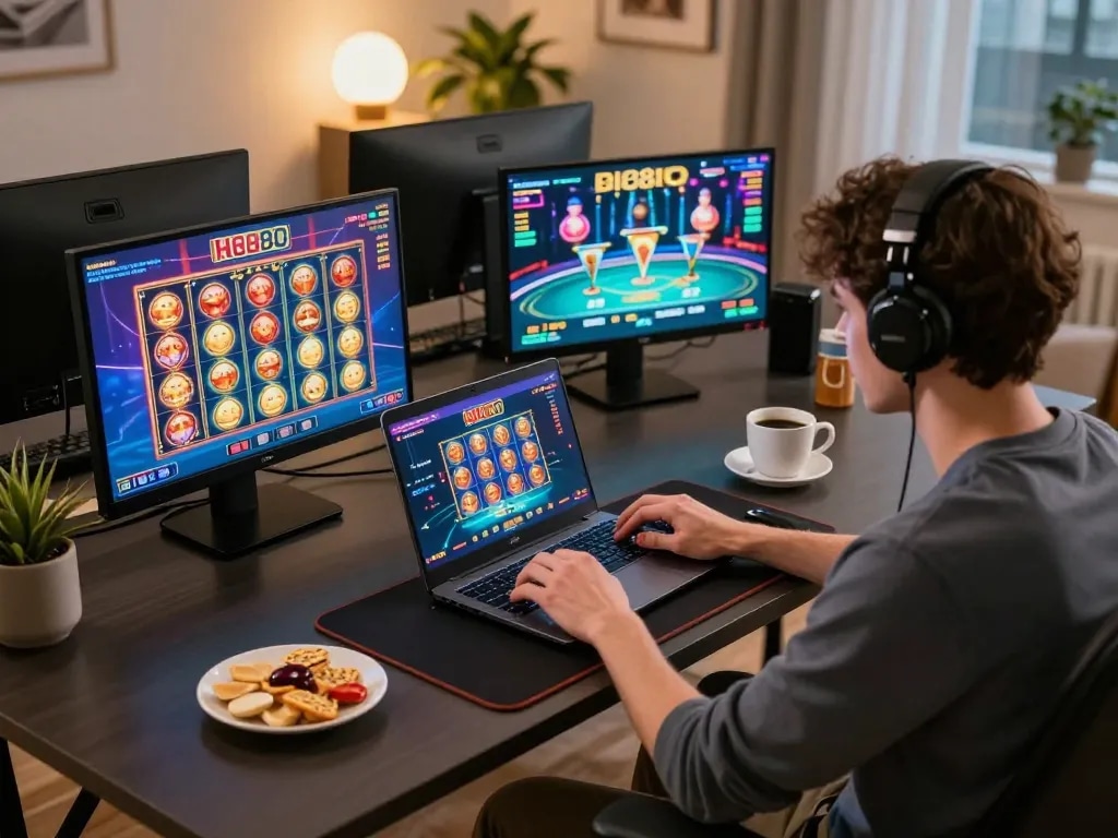 Engaging in online gambling at Hi88 while enjoying a cozy home setting.