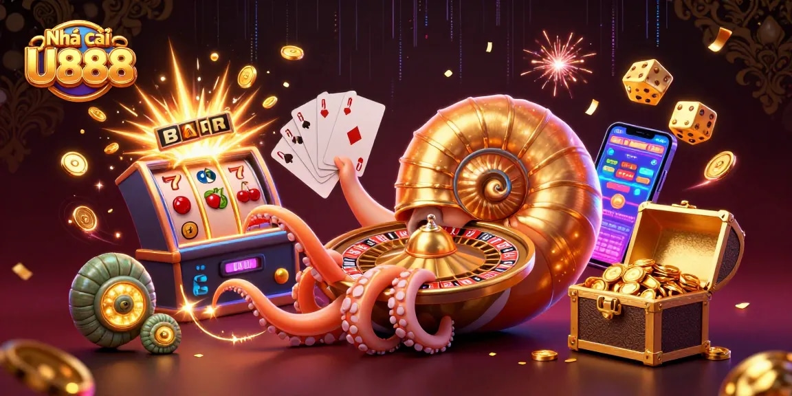 Experience winning with Nhà cái U888 in this vibrant 3D casino scene filled with games and excitement.