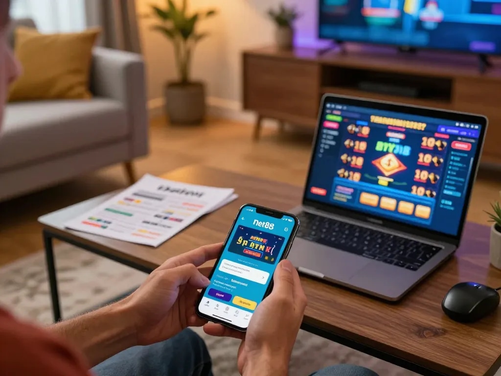 Player engaging with the net88 mobile app on a smartphone in a comfortable home gaming setup