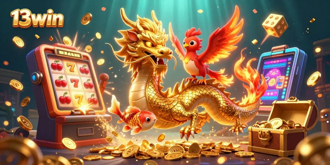 Experience thrilling gameplay at 13win with vibrant dragons and slots in an exciting casino scene.