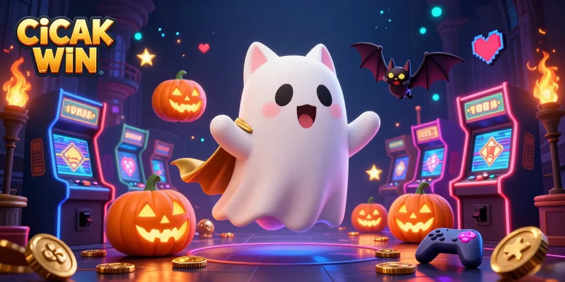 CICAK WIN brings luck in a vibrant haunted casino scene with a ghost cat and vampire bat.