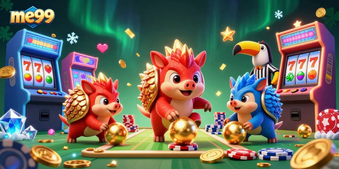 Roll with me99 in a vibrant casino scene featuring pangolins bowling through poker chips.