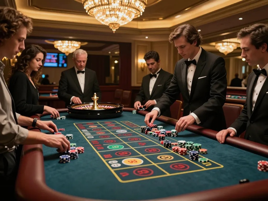Soi kèo nhà cái with players actively betting at a roulette table in a luxury casino atmosphere