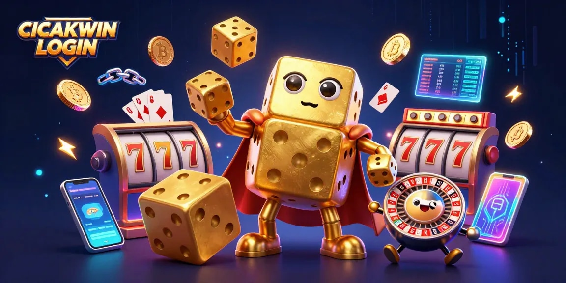 Win big with CICAKWIN LOGIN as a golden dice golem juggles symbols of luck and cryptocurrency.