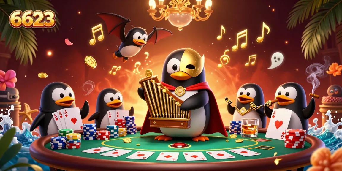 Experience exciting gambling action at 6623 with a vibrant casino scene featuring poker elements.