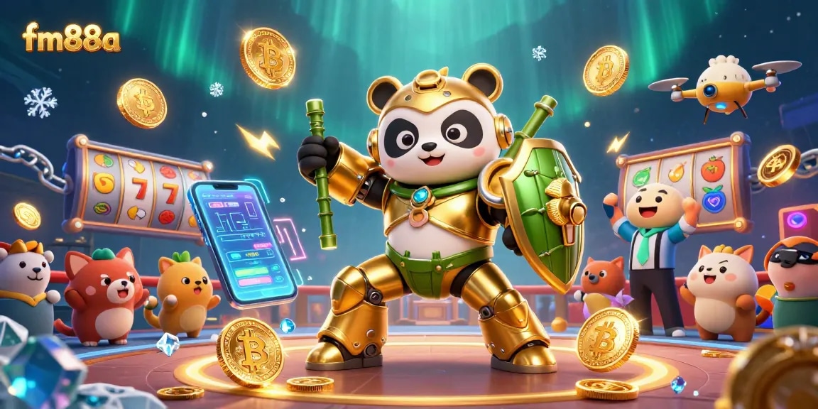 Experience exciting gameplay at fm88a with a 3D illustration of a golden panda in a mech-suit, amidst vibrant casino elements.