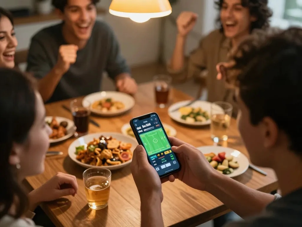 Bóng đá Bet168 player strategically placing bets amid a lively home sports betting gathering.