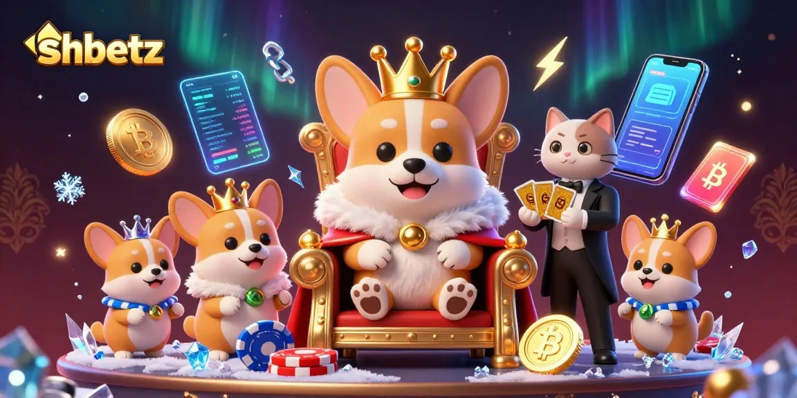 Experience thrilling gaming at shbetz with a royal corgi on a poker chip throne amidst crypto coins.