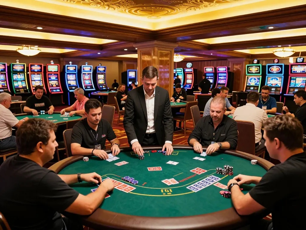 KJC casino players strategizing bets at poker tables, showcasing vibrant atmosphere and engaging gameplay