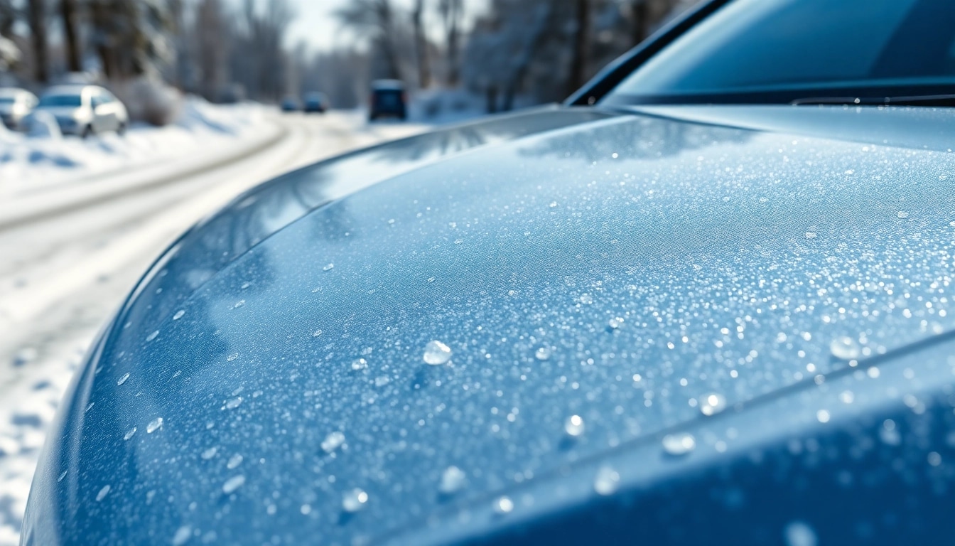 PPF winter road salt protection showcased on a car exterior in a snowy setting, emphasizing its resilience.