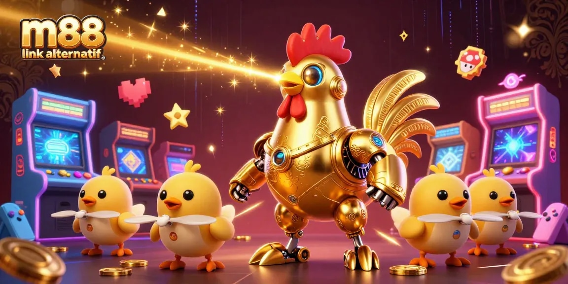 Engage with the exciting m88 link alternatif featuring a golden rooster robot and arcade elements.
