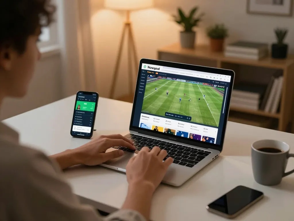 Placing live bets on Nowgoal with engaging sports stats and odds visible on the laptop screen