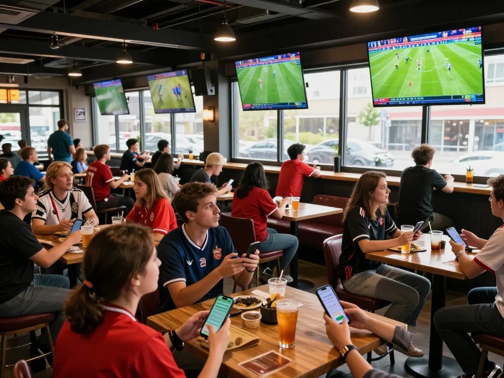 Fans engaged in sports betting using the Nowgoal app in a vibrant sports bar atmosphere.