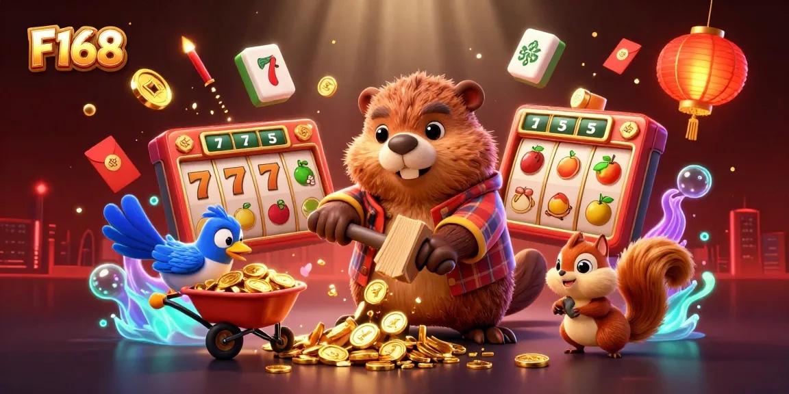 Experience excitement at F168 with a vibrant 3D scene featuring a beaver and friends enjoying a jackpot.