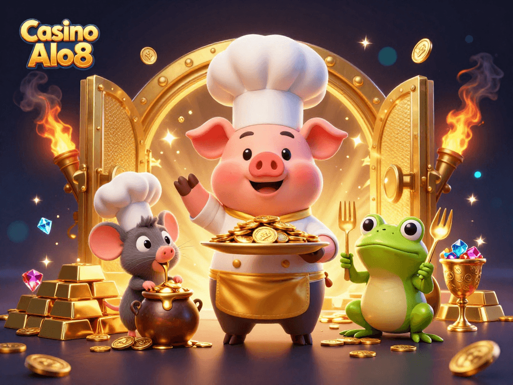 Engage in the thrill of Casino Alo8 with gourmet-style gold coins and vibrant game elements.