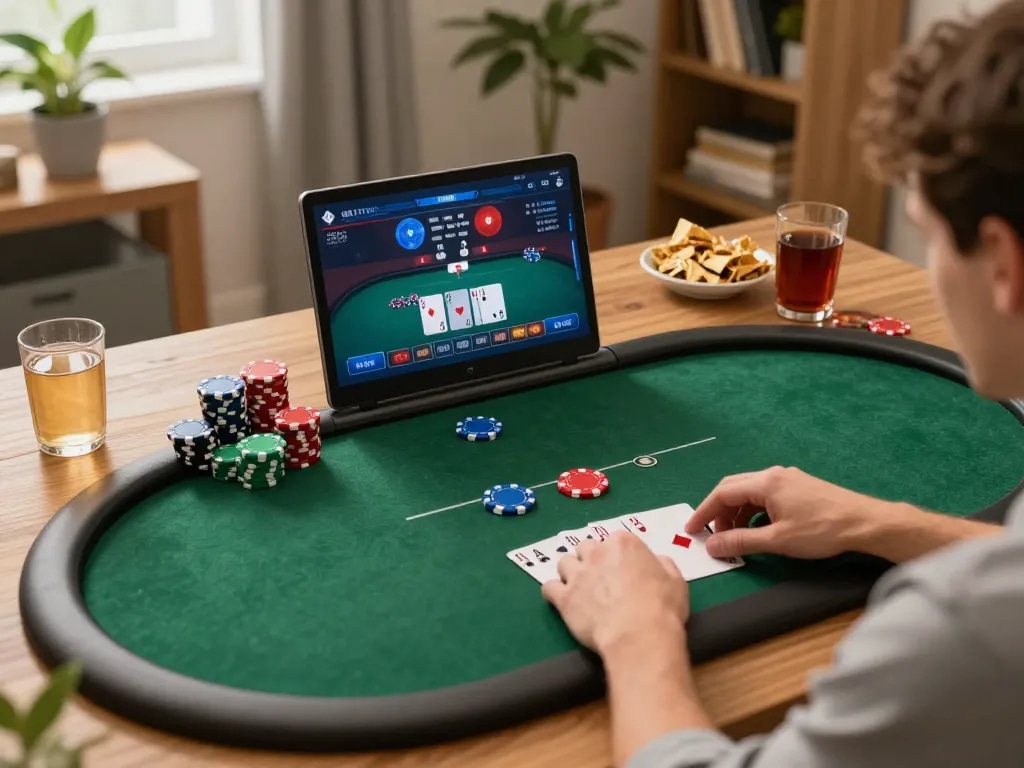 Play online poker using lc888 platform at home, enjoying a cozy gaming environment with snacks and personal touches.