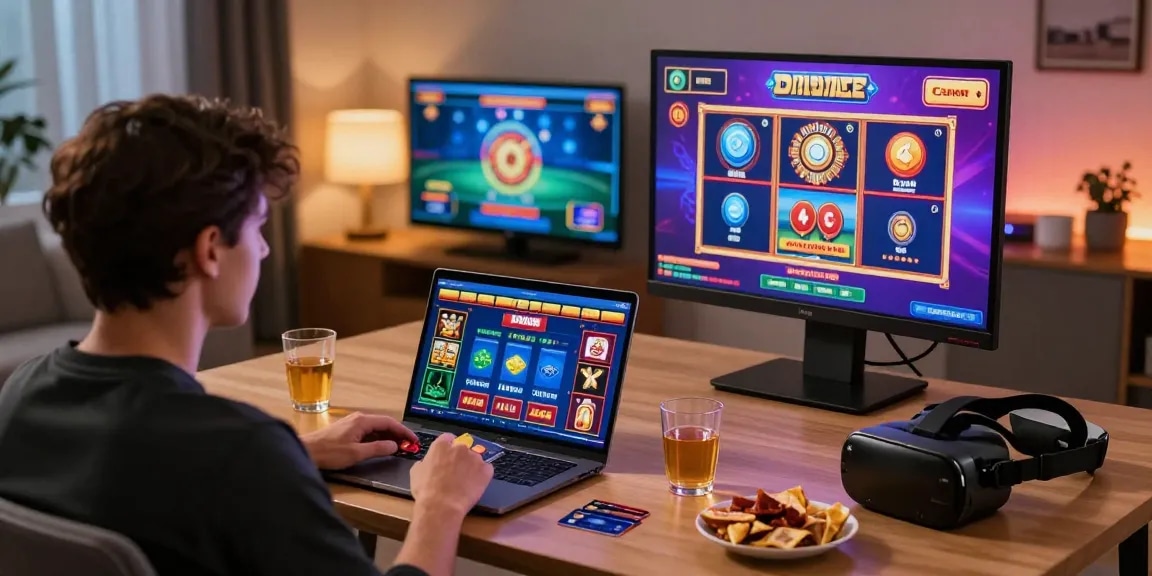 Engaging scene of a player enjoying online credit card casinos at home, showing multiple gaming screens and credit cards.