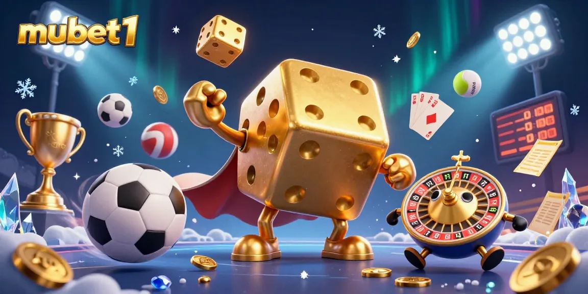 Engage with dynamic games at mubet1, showcasing playful dice, sports balls, and a vibrant casino atmosphere.