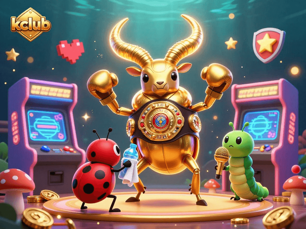 The kclub illustration features a giant beetle boxing champion surrounded by gaming elements, showcasing epic casino action.