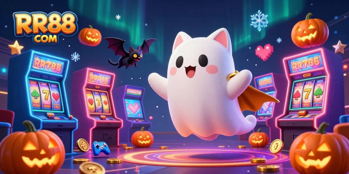 Experience the excitement of RR88 COM with a friendly ghost cat, casino games, and glowing jackpots!