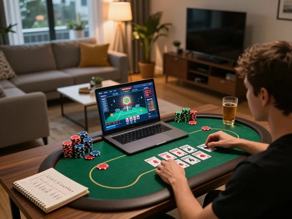 Player engaging with 12bet online poker on a laptop in a cozy home setup