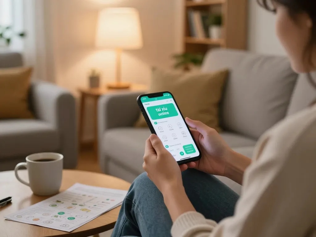 Engaging with the app tài xỉu online on a mobile phone in a cozy living room atmosphere