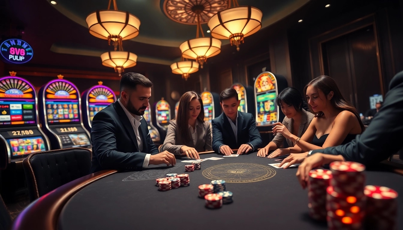 Engaged players competing at a poker table in a luxurious casino environment featuring 68VIP elements.