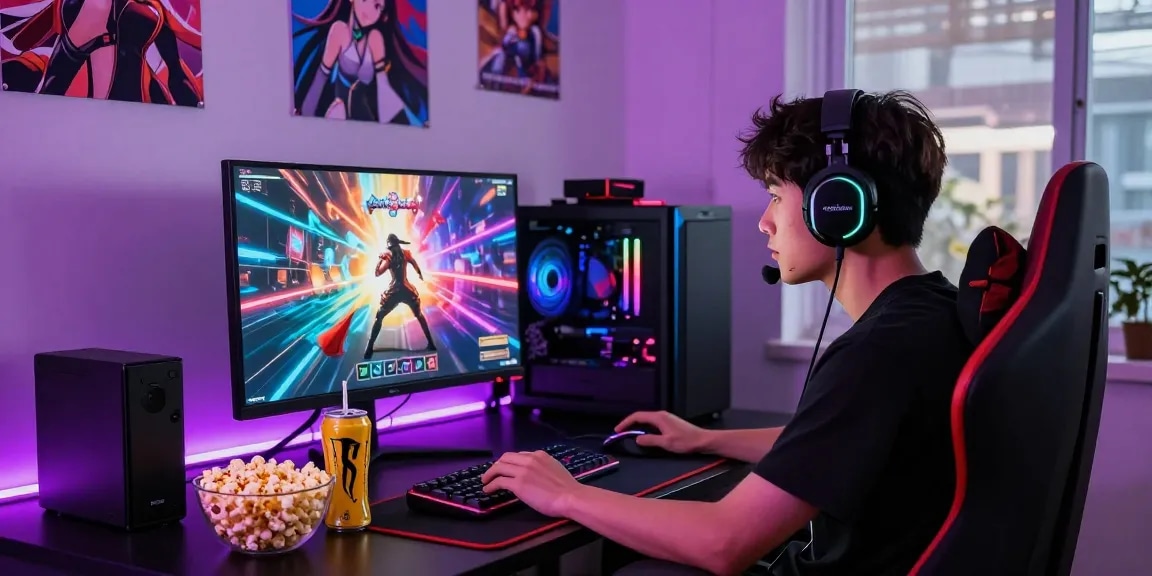Engaged gamer exploring hentai games online in a modern gaming setup.