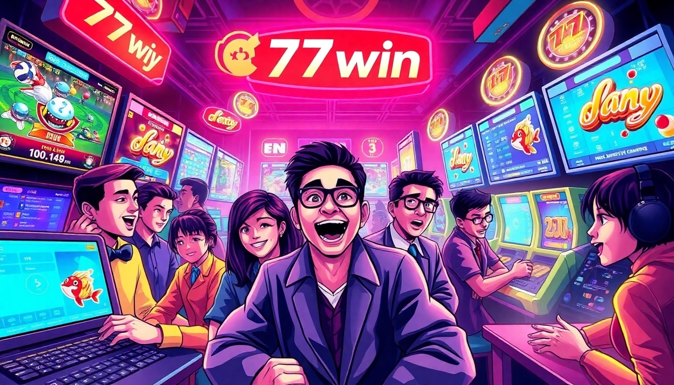 77win bet online gaming scene with diverse players engaging in various betting activities.