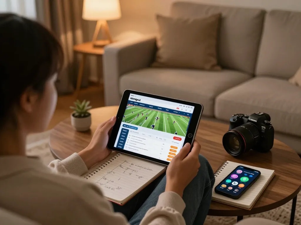 Engaging with the Nowgoal sports betting app in a cozy home setting, illustrating responsible gaming and comfortable relaxation.