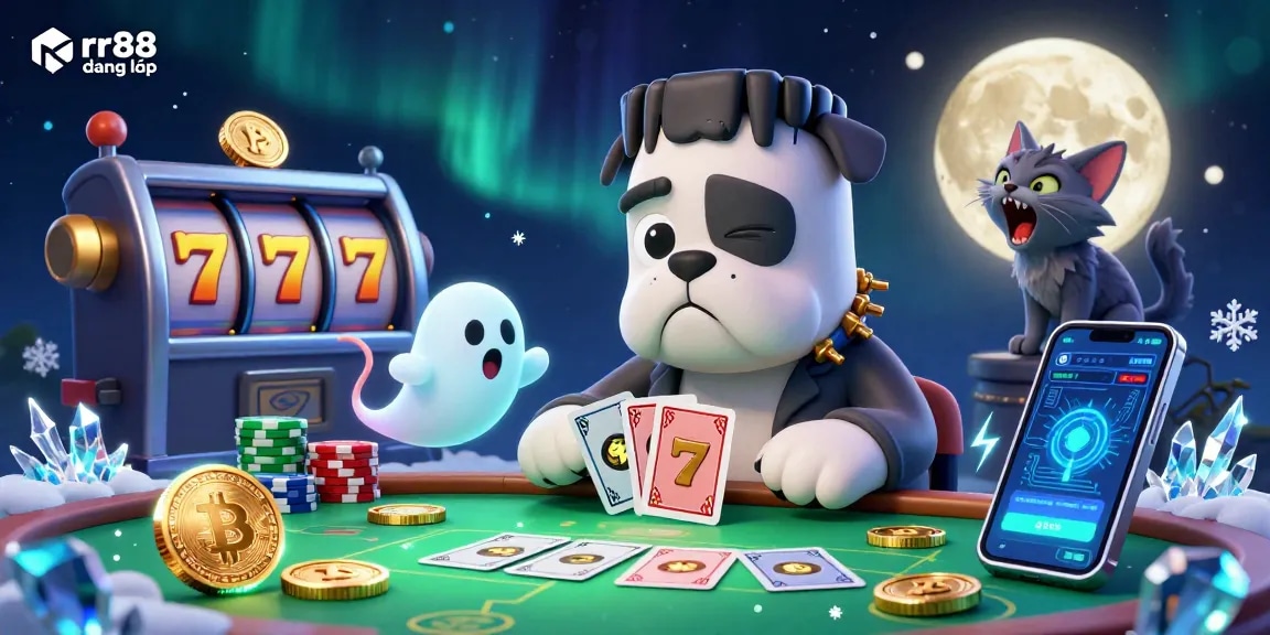 Engage with rr88 đăng nhập at a vibrant casino scene featuring a Frankenstein bulldog and playful characters.