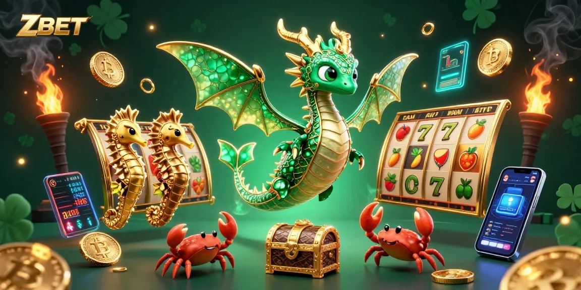 ZBET brings thrilling jackpot action featuring a regal sea dragon, vibrant slot symbols, and crypto coins in an exhilarating casino scene.