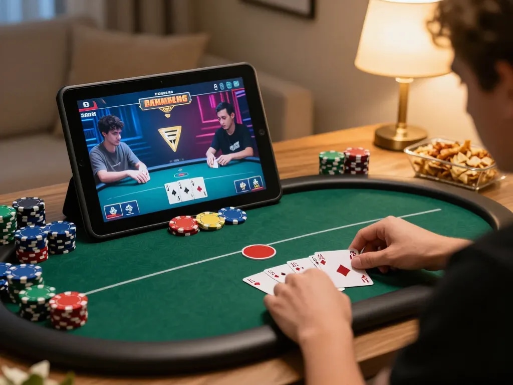 Engaging scene of online poker gameplay with https://va88.now/ app displayed on tablet, showcasing strategic betting.