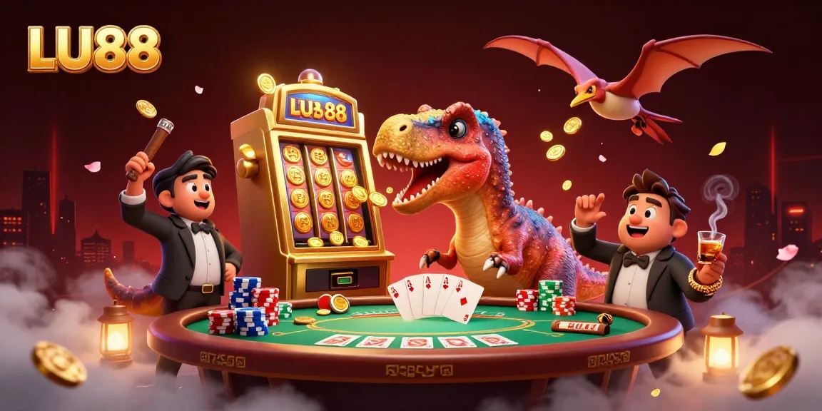LU88's dazzling casino scene illustrates a jackpot from a slot machine amid dynamic characters.