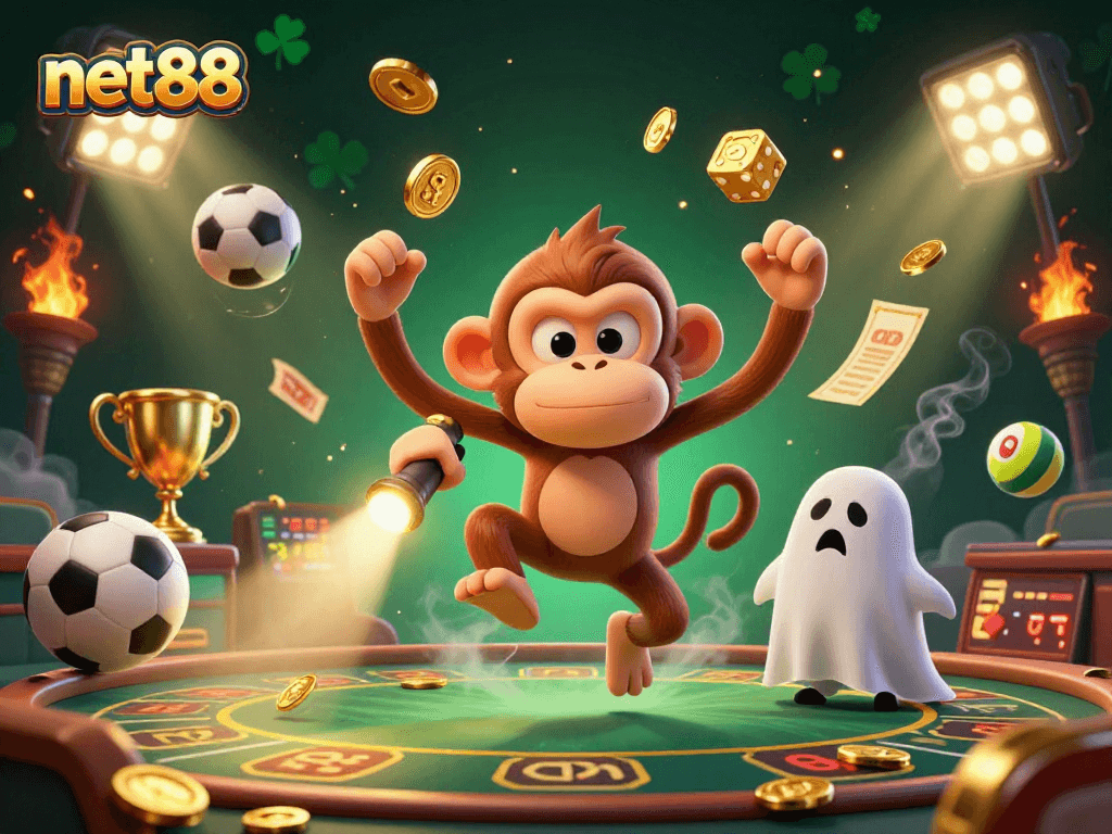 Engage with net88's thrilling haunted casino scene featuring a poltergeist monkey and a ghost-hunter puppy.