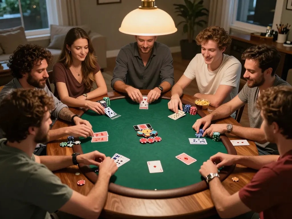 Players engaging in a friendly poker game during a home night session, showcasing the excitement of CM88 gaming.