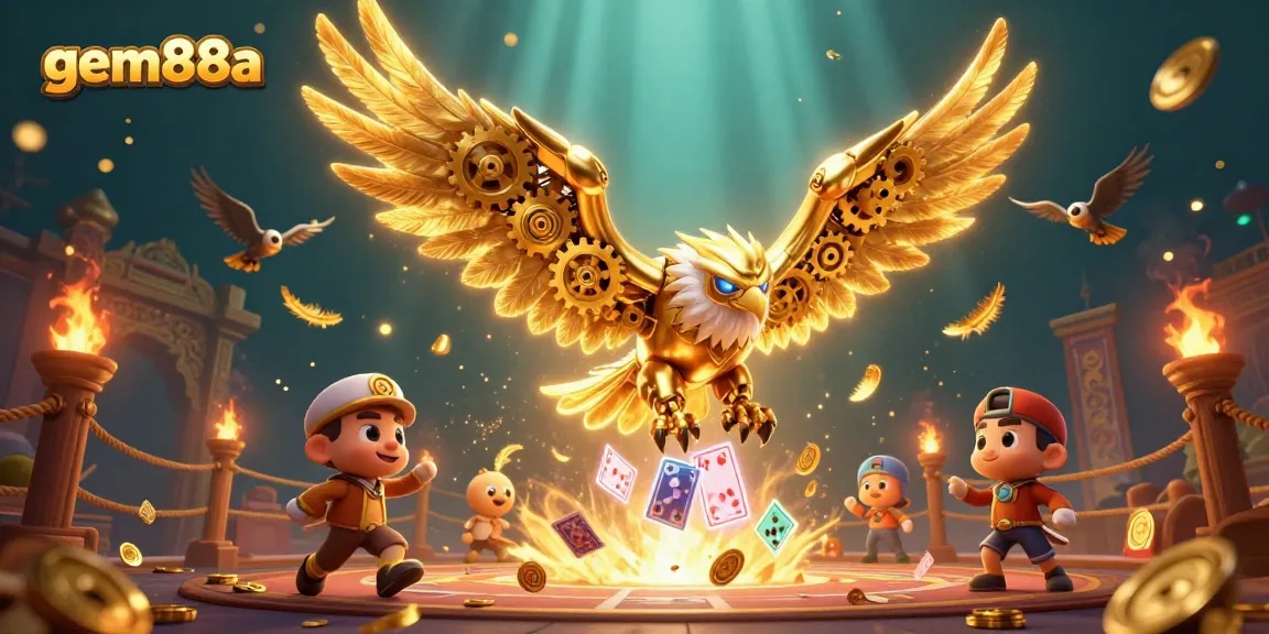 Experience the thrill at gem88a with a cybernetic golden eagle and vibrant casino elements.