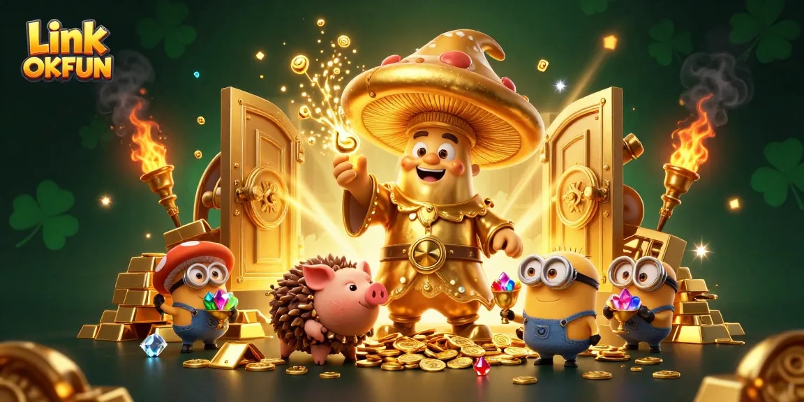 Spin and win with Link OKFUN in this vibrant 3D casino illustration filled with treasures and magic.