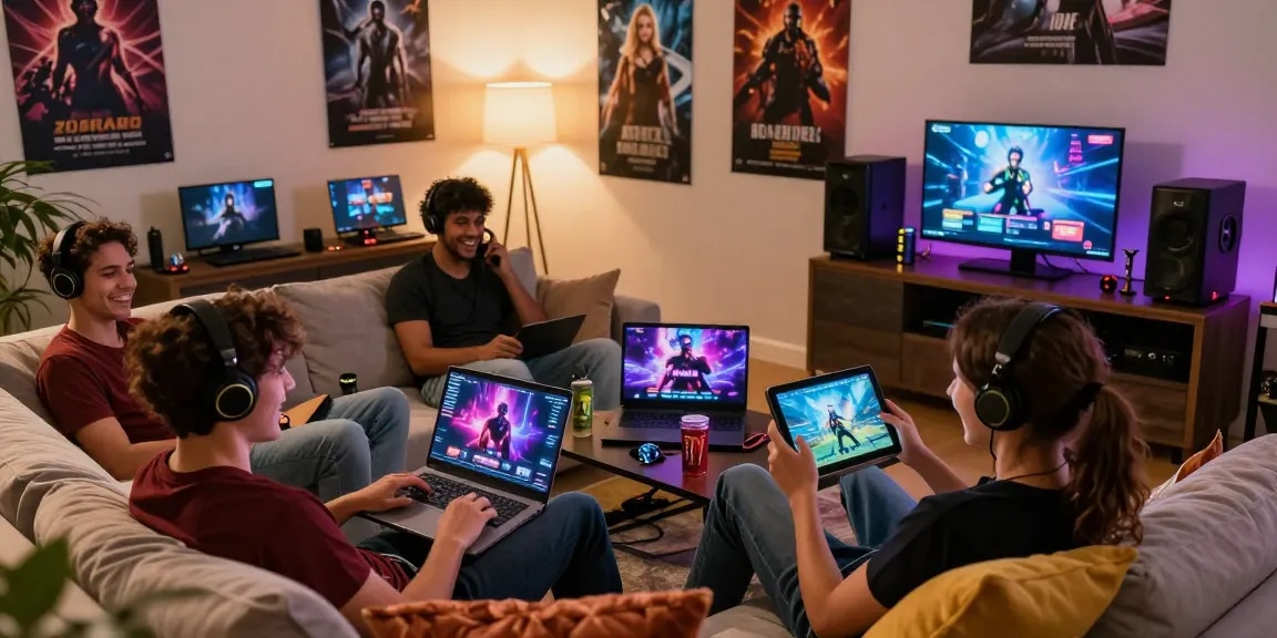 Friends happily playing game sex content online together on various devices in a cozy, inviting living room.