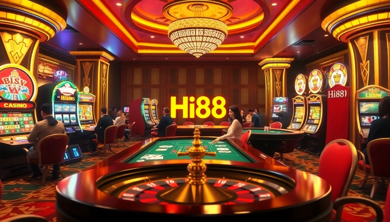 Players enjoying live casino games at Hi88, featuring poker and roulette tables.