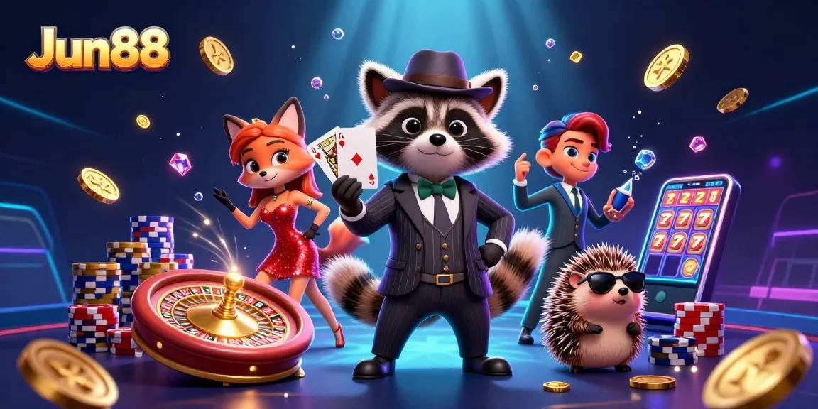 Experience thrilling gameplay at Jun88 with a raccoon in a suit holding a royal flush amidst sparkling riches.