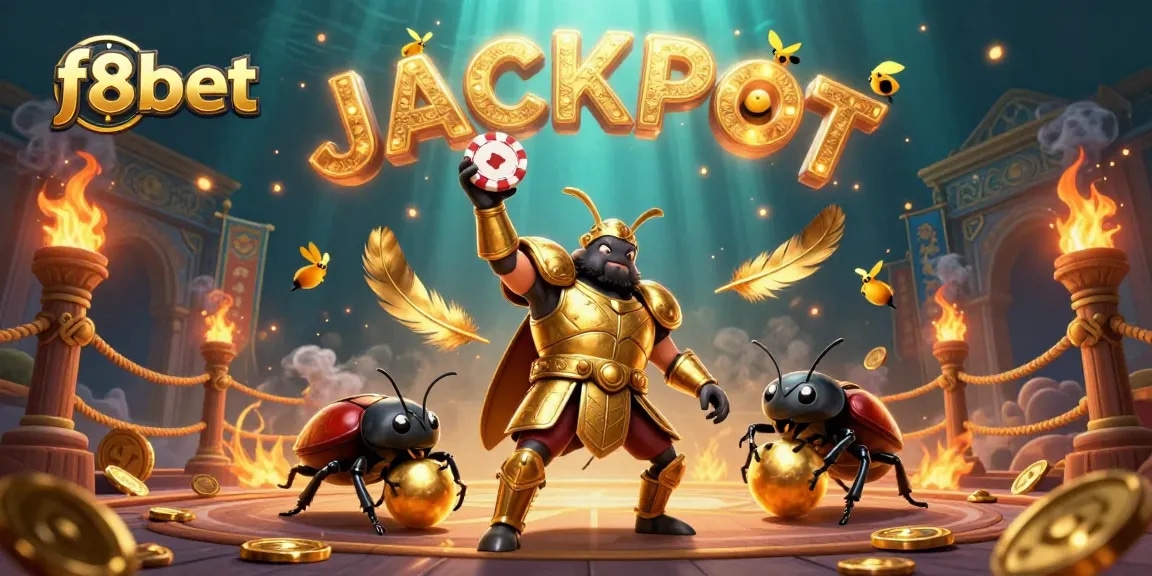 Spin and win at f8bet with a dynamic illustration of beetles celebrating a jackpot in a thrilling gaming arena.
