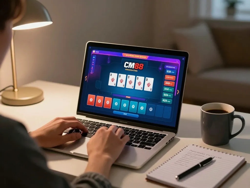 Player using CM88 online casino to engage in poker strategy at home with laptop and notes.