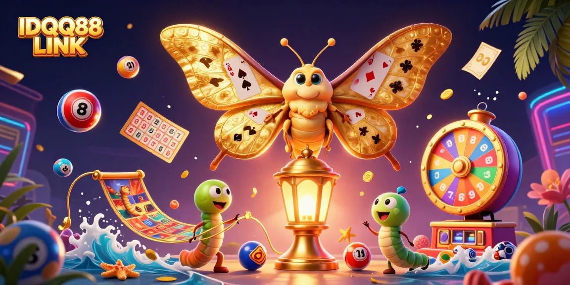 Engage with the vibrant IDQQ88 LINK universe as colorful lottery balls and a majestic moth accentuate gaming excitement.