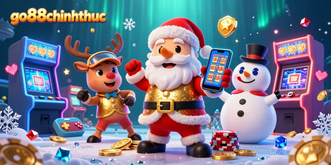 Experience the fun of go88chinhthuc with this vibrant 3D casino scene featuring Santa and friends!