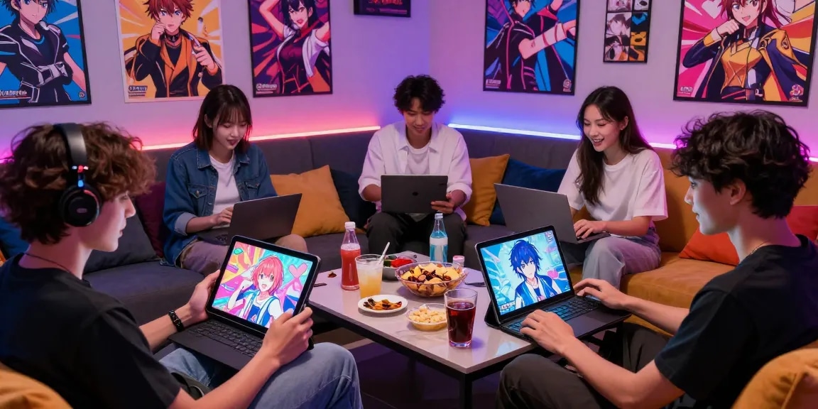 Friends enjoying hentaigame visual novels in a vibrant gaming lounge.
