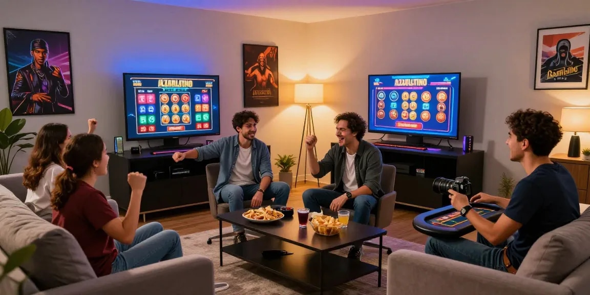 Friends enjoying Azarlatino Paraguay games in a lively home gaming setup with screens and snacks.